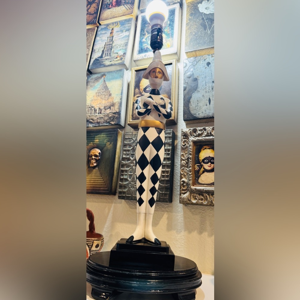 Mid-Century Harlequin‎ Pierrot Table Lamp – Vintage Black & White Jester Décor